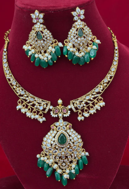 Victorian Mehendi Polish Necklace Set with Green Beads, Kundan Stones & Pearl Drops, Indian Bridal Wedding Jewelry, Ships from USA