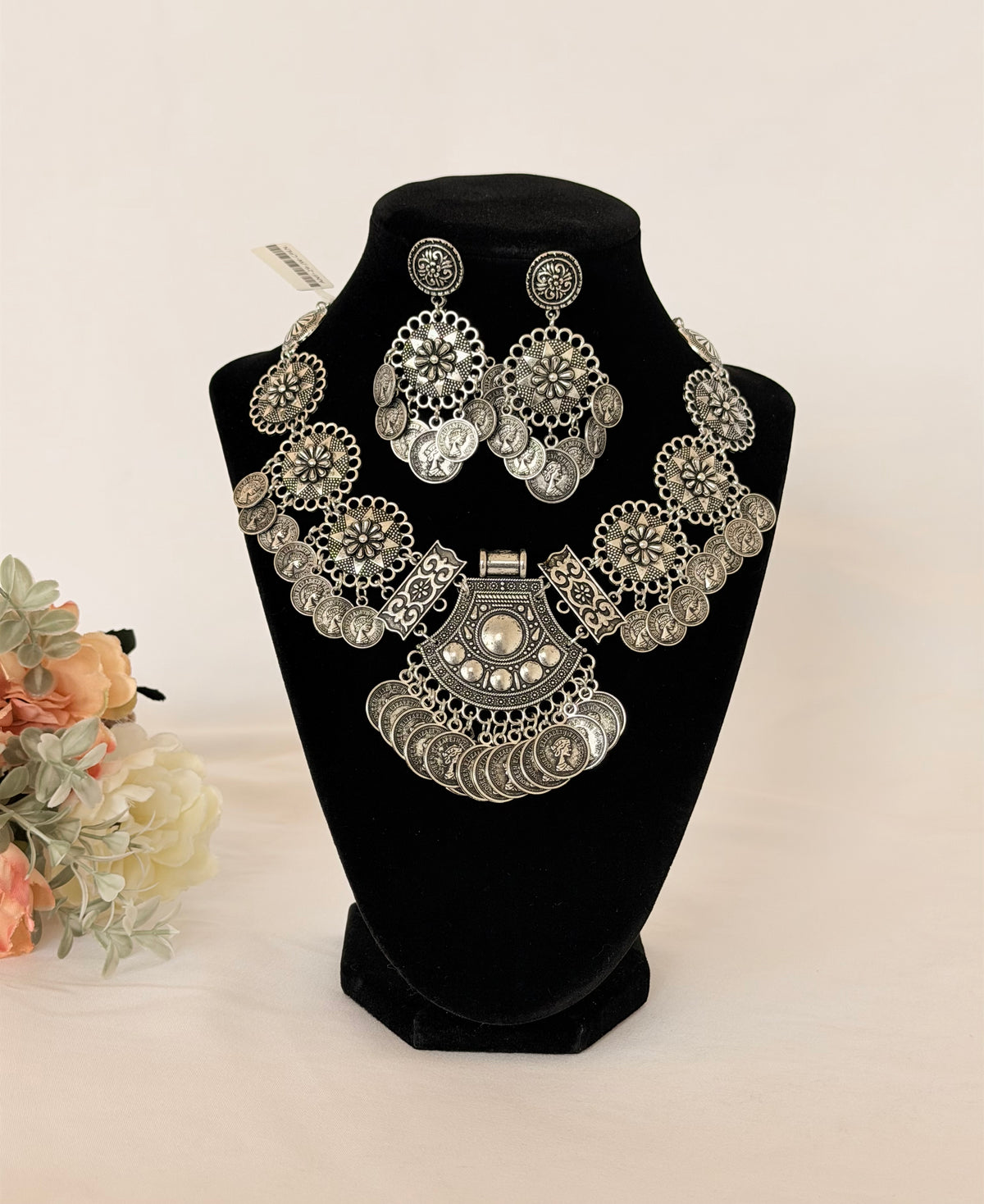 Oxidized Silver Coin Necklace Set with Earrings, Statement Indian Tribal Jewelry, Boho Ethnic Necklace, Navratri Garba Jewelry, Festival Gif