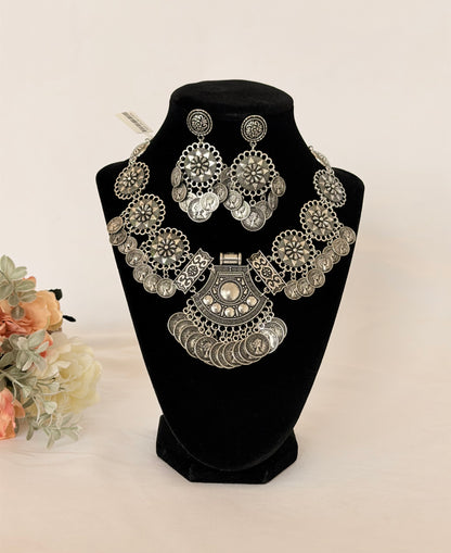 Oxidized Silver Coin Necklace Set with Earrings, Statement Indian Tribal Jewelry, Boho Ethnic Necklace, Navratri Garba Jewelry, Festival Gif