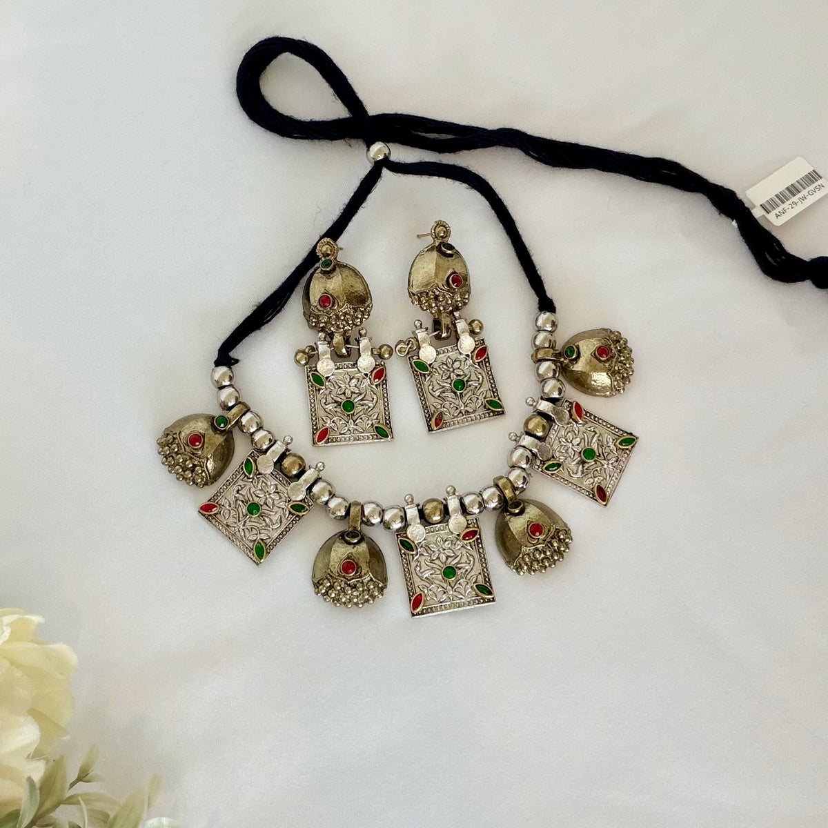 Oxidized Silver & Gold Necklace Set, Dual Tone Indian Jewelry, Jhumka Pendant Necklace, Red Green Stone Jewelry, Navratri Garba Jewelry Set
