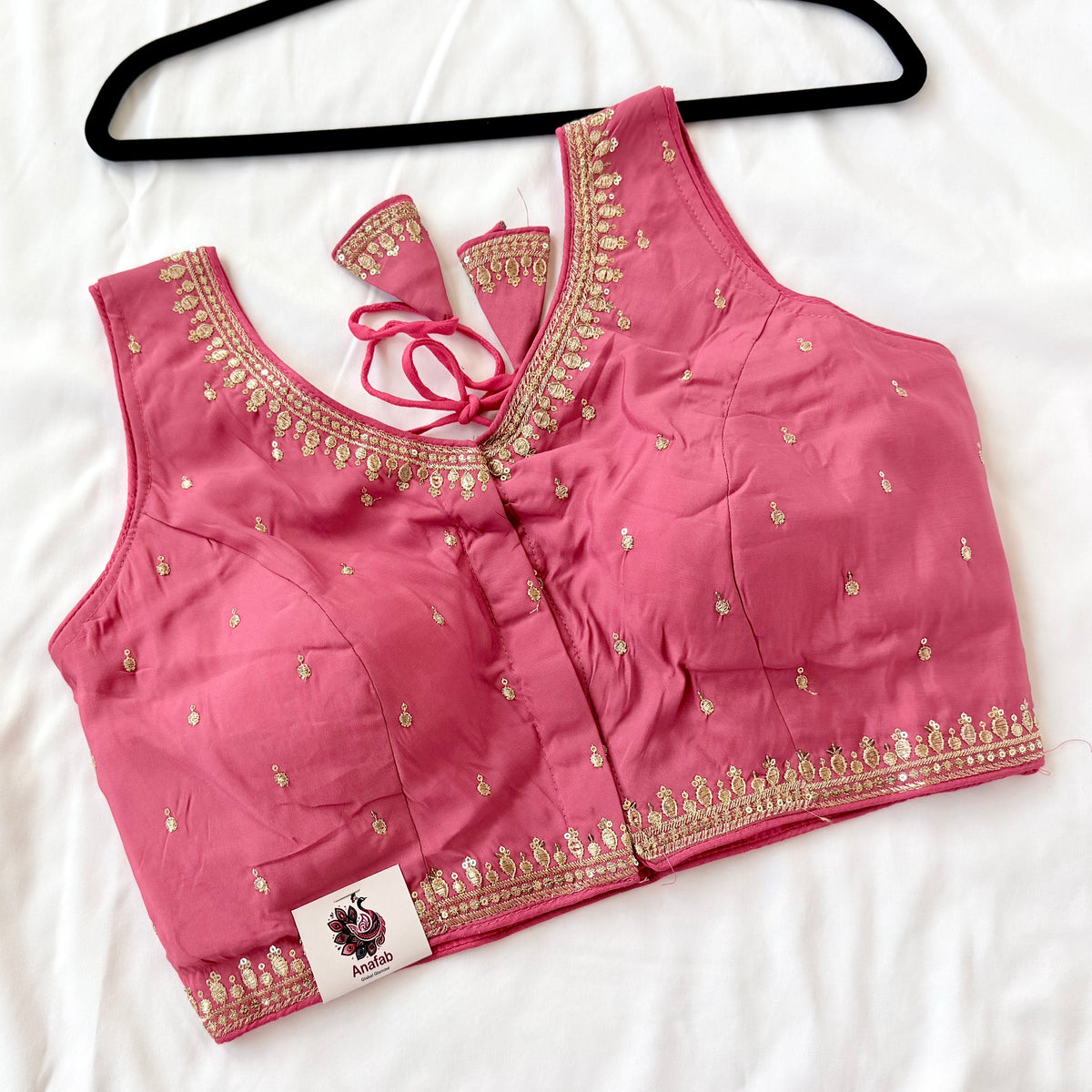 Deep Rose Pink Jacquard Saree Blouse, Gold Embroidered Designer Blouse, Deep Back Neck Blouse with Latkan, Ready to Wear Indian Blouse,