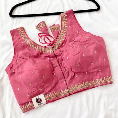Deep Rose Pink Jacquard Saree Blouse, Gold Embroidered Designer Blouse, Deep Back Neck Blouse with Latkan, Ready to Wear Indian Blouse,