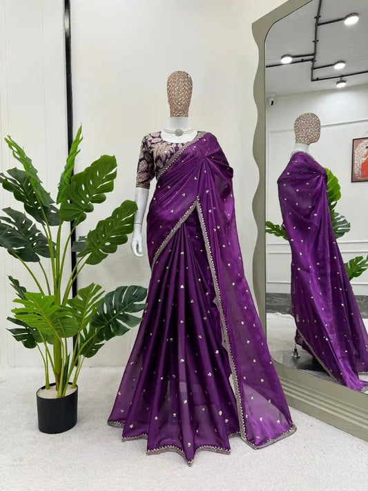Purple Designer Saree with Readymade Stitched Blouse | Soft Shimmery tissue Party Wear Saree | Wedding & Festive Saree | Indian Ethnic Saree
