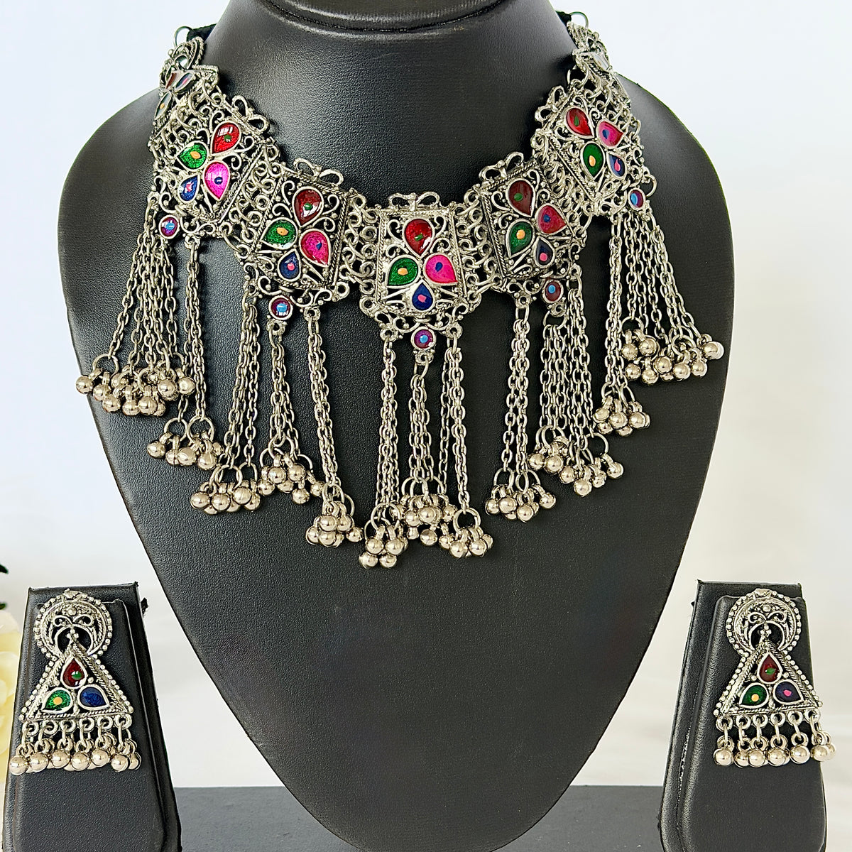 Oxidized Silver Multicolor Necklace Set, Ghungroo Statement Jewelry, Indian Boho Necklace Earrings, Navratri Garba Jewelry, Tribal Jewelry S