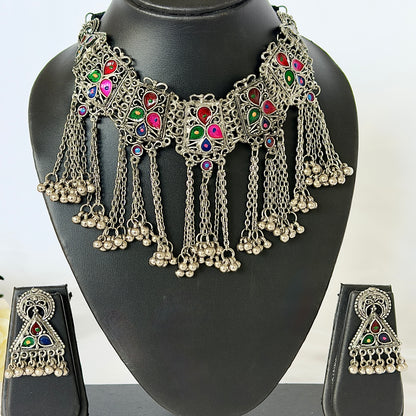 Oxidized Silver Multicolor Necklace Set, Ghungroo Statement Jewelry, Indian Boho Necklace Earrings, Navratri Garba Jewelry, Tribal Jewelry S