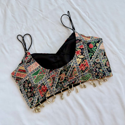 Multicolor Designer Cowrie Shell Blouse, Printed Indian Saree Blouse, Deep Neck Sleeveless Choli, Festive Navratri Garba Blouse,Crop top