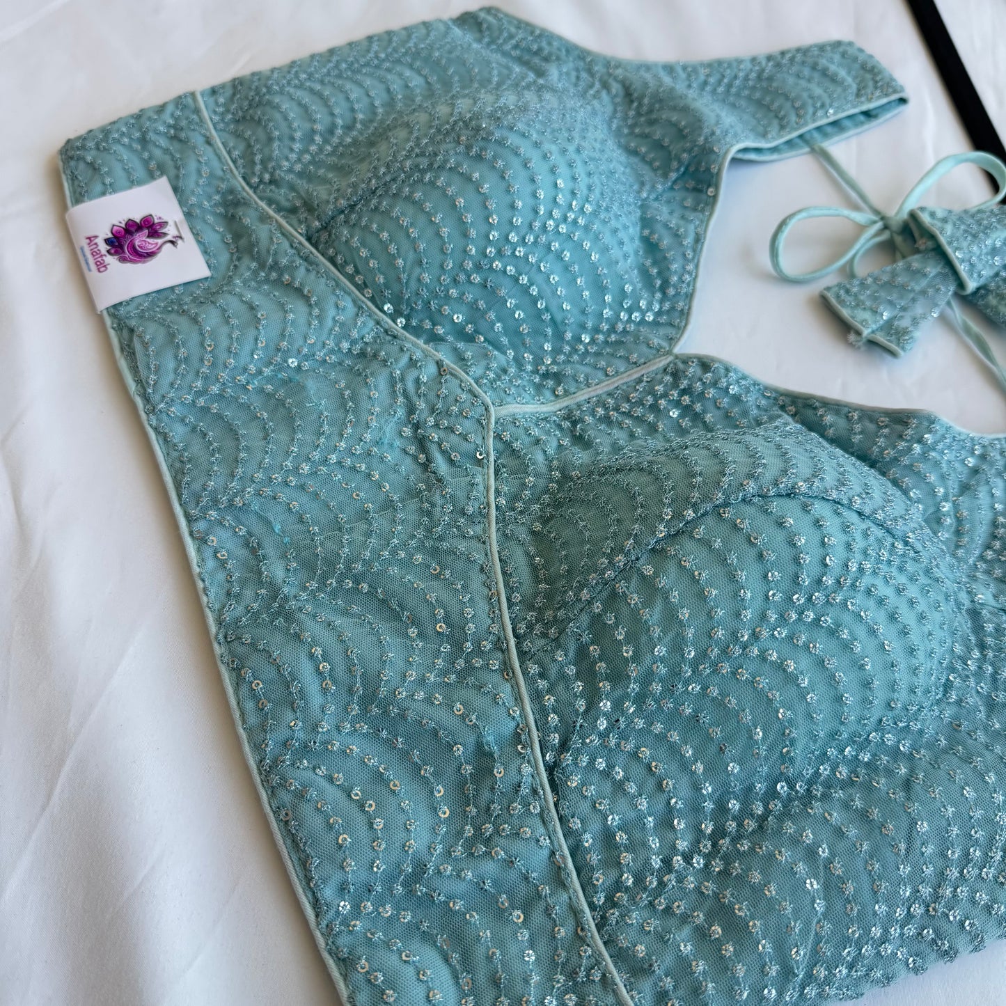 Light Sky Blue Sequin Designer Blouse | Readymade Padded Saree Blouse | Elegant Party Wear Blouse with Tie Back, Size 38–42 | Lehenga blouse