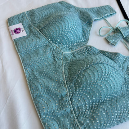 Light Sky Blue Sequin Designer Blouse | Readymade Padded Saree Blouse | Elegant Party Wear Blouse with Tie Back, Size 38–42 | Lehenga blouse