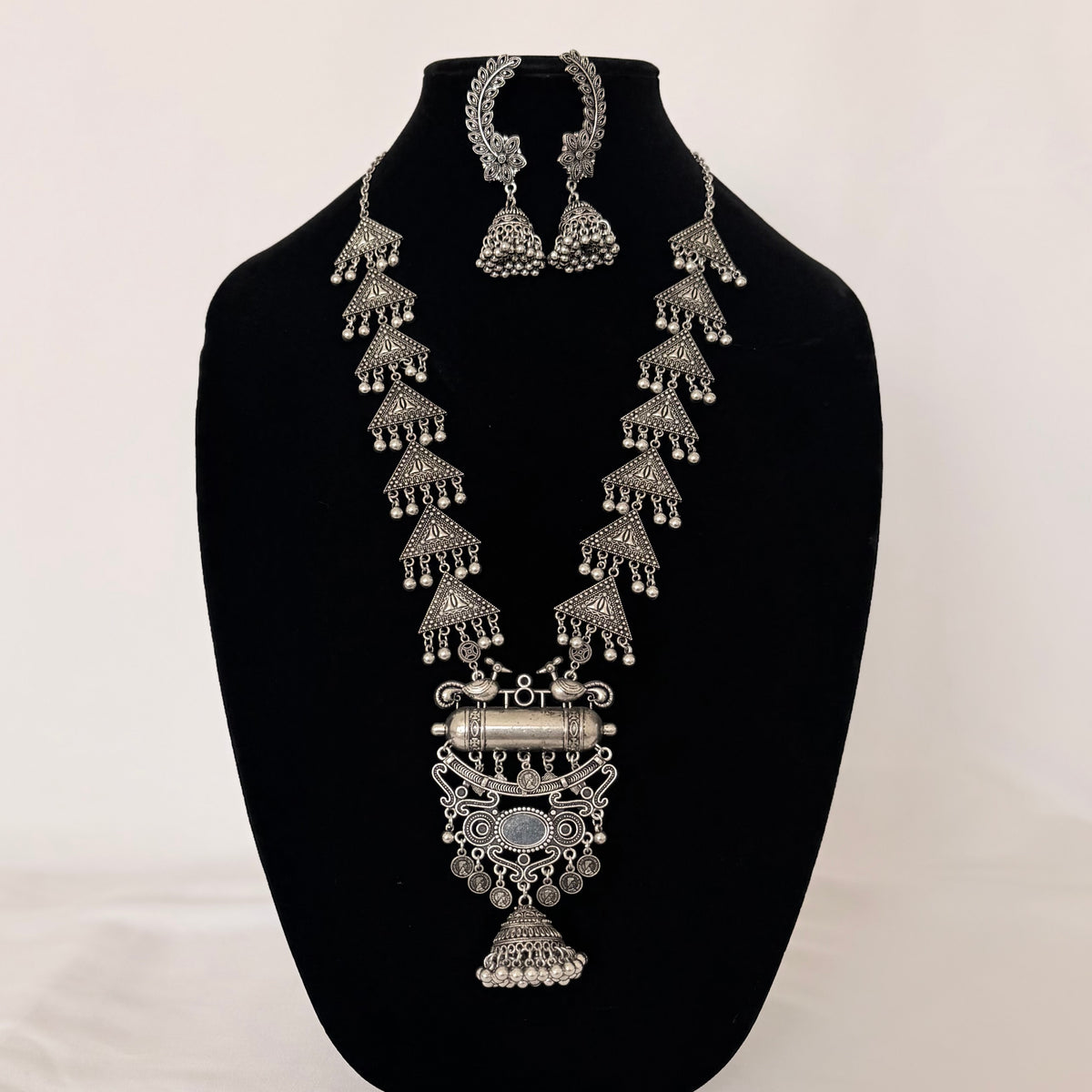 Oxidized Silver Long Necklace Set with Mirror Pendant & Jhumka Earrings, Tribal Statement Jewelry, Indian Boho Necklace Set