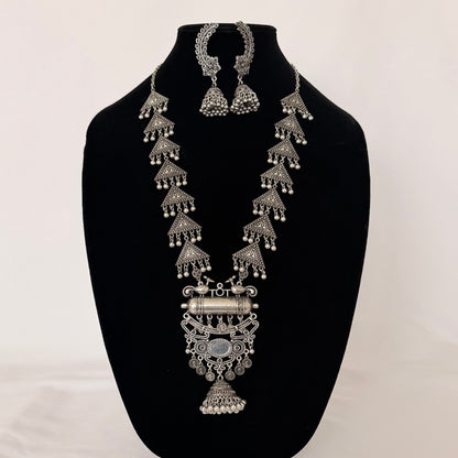 Oxidized Silver Long Necklace Set with Mirror Pendant & Jhumka Earrings, Tribal Statement Jewelry, Indian Boho Necklace Set