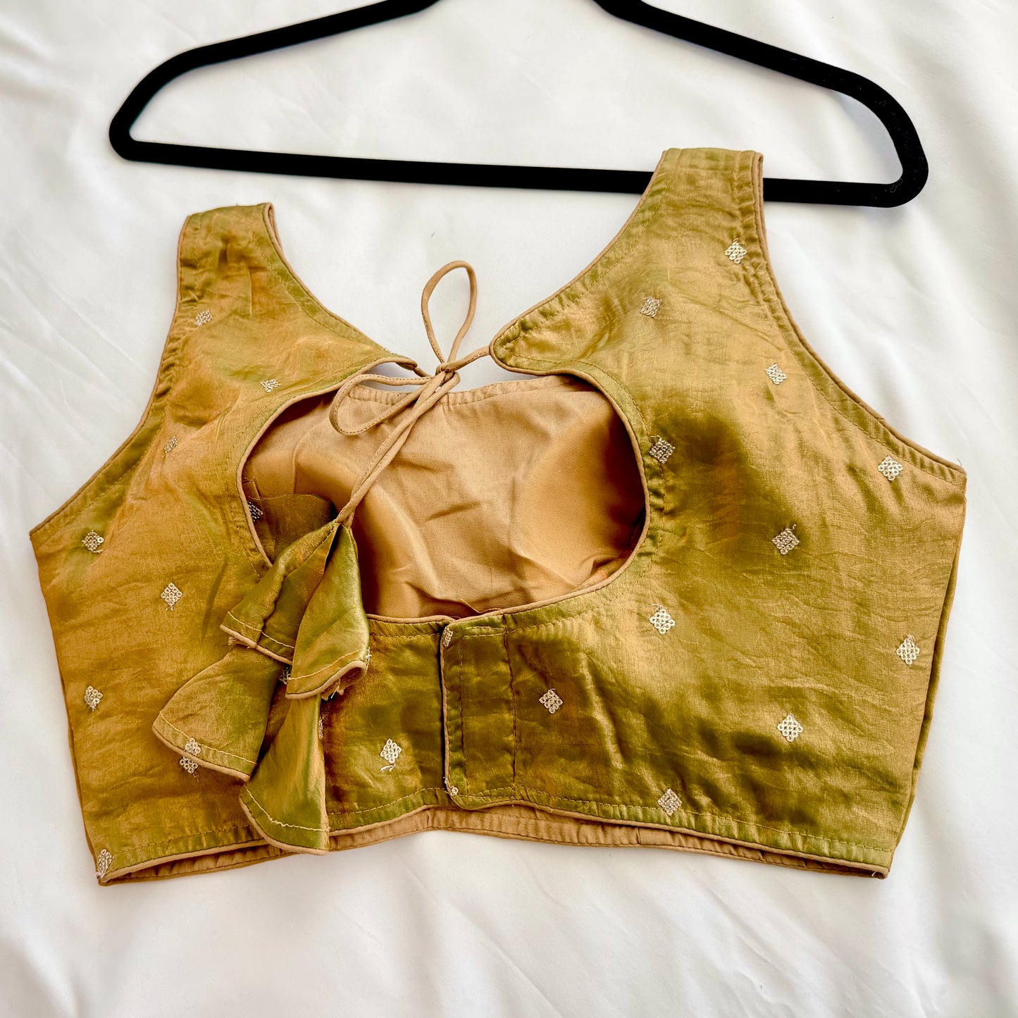 Gold Green Dual Tone Fandy Silk Blouse | Sequins Butti Work, Padded, Back Dori Tassels