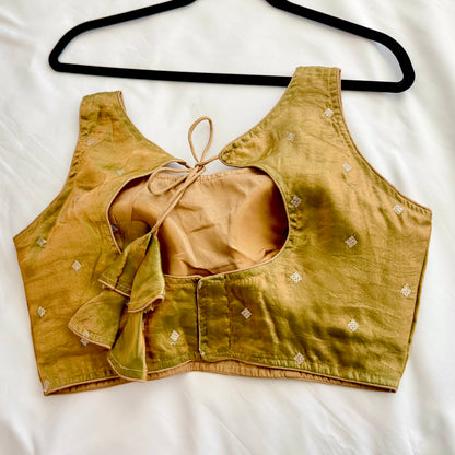 Gold Green Dual Tone Fandy Silk Blouse | Sequins Butti Work, Padded, Back Dori Tassels