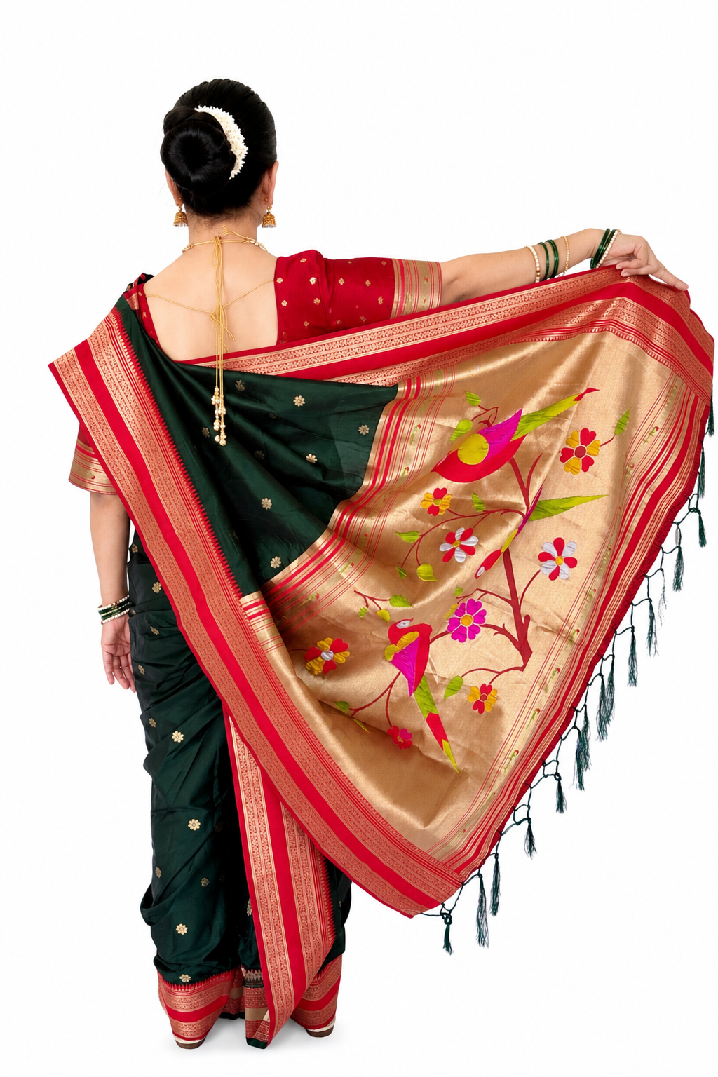 Ready to Wear Shahi Mastani Nauvari Saree | Bottle Green & Red Semi Silk Paithani | Fully Stitched 9 Yard Maharashtrian Saree with Blouse