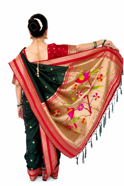 Ready to Wear Shahi Mastani Nauvari Saree | Bottle Green & Red Semi Silk Paithani | Fully Stitched 9 Yard Maharashtrian Saree with Blouse