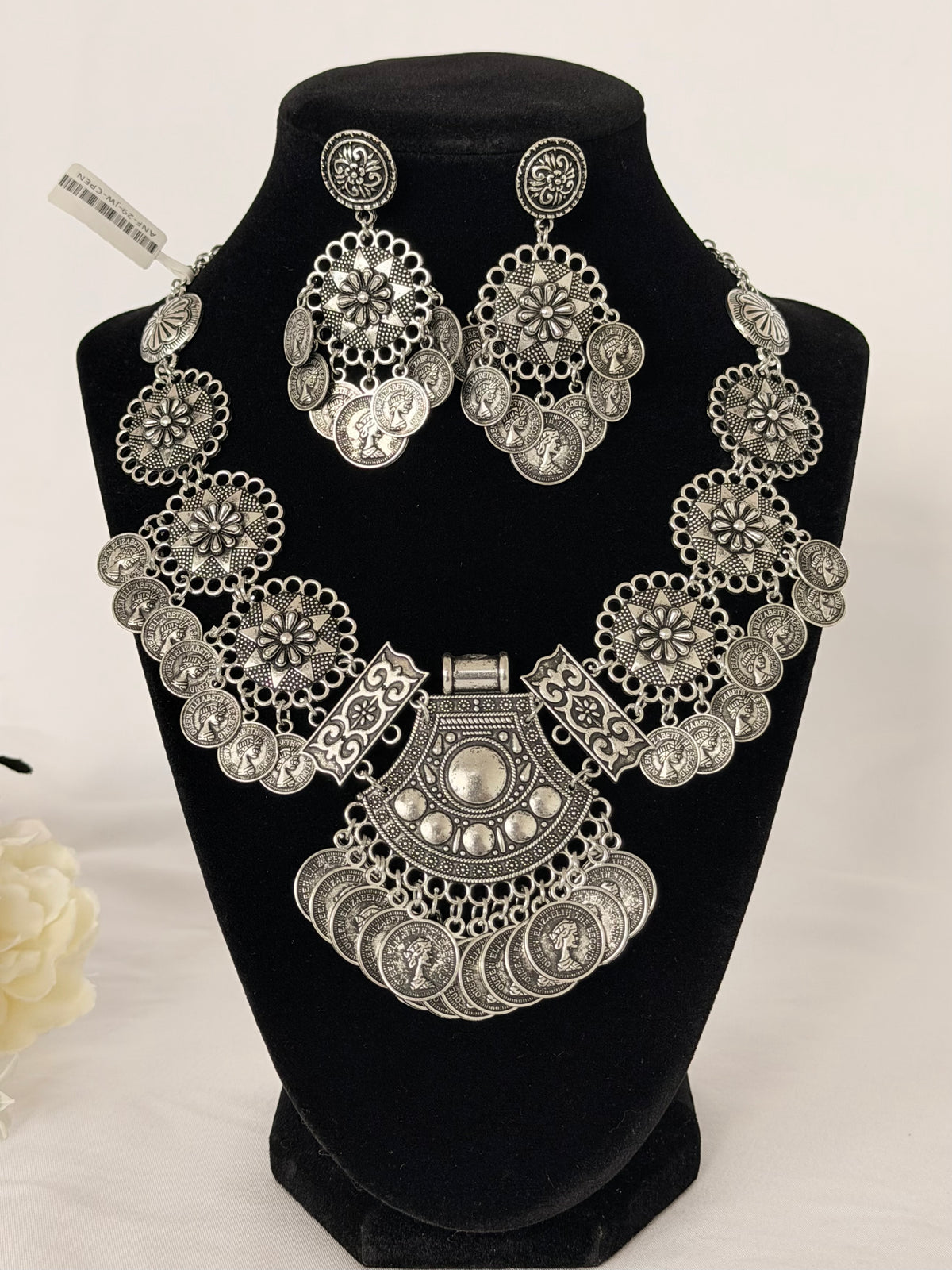 Oxidized Silver Coin Necklace Set with Earrings, Statement Indian Tribal Jewelry, Boho Ethnic Necklace, Navratri Garba Jewelry, Festival Gif