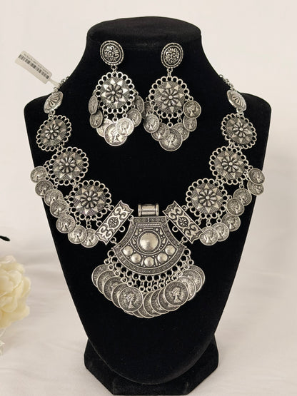 Oxidized Silver Coin Necklace Set with Earrings, Statement Indian Tribal Jewelry, Boho Ethnic Necklace, Navratri Garba Jewelry, Festival Gif