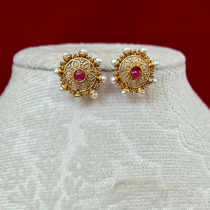 Antique Gold Floral Necklace Set, Ruby Emerald Stone Short Necklace, Traditional Temple Jewelry, Pearl Accent Indian Necklace, Bridal Festiv