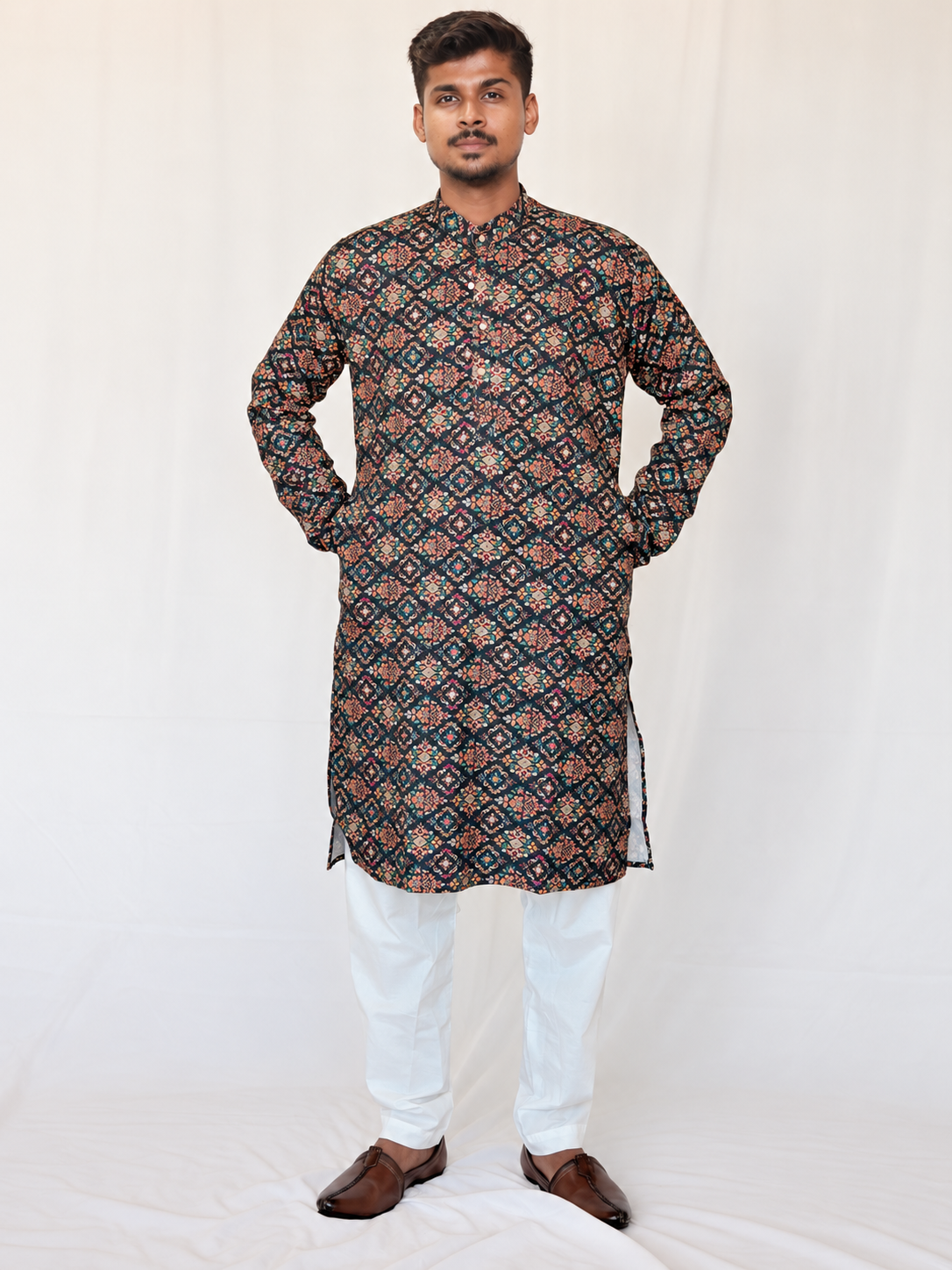 Men’s Printed Kurta Pajama Set, Navy Blue Multicolor Ethnic Kurta, Traditional Indian Outfit for Men, Diwali Outfit, Wedding Festive Wear,