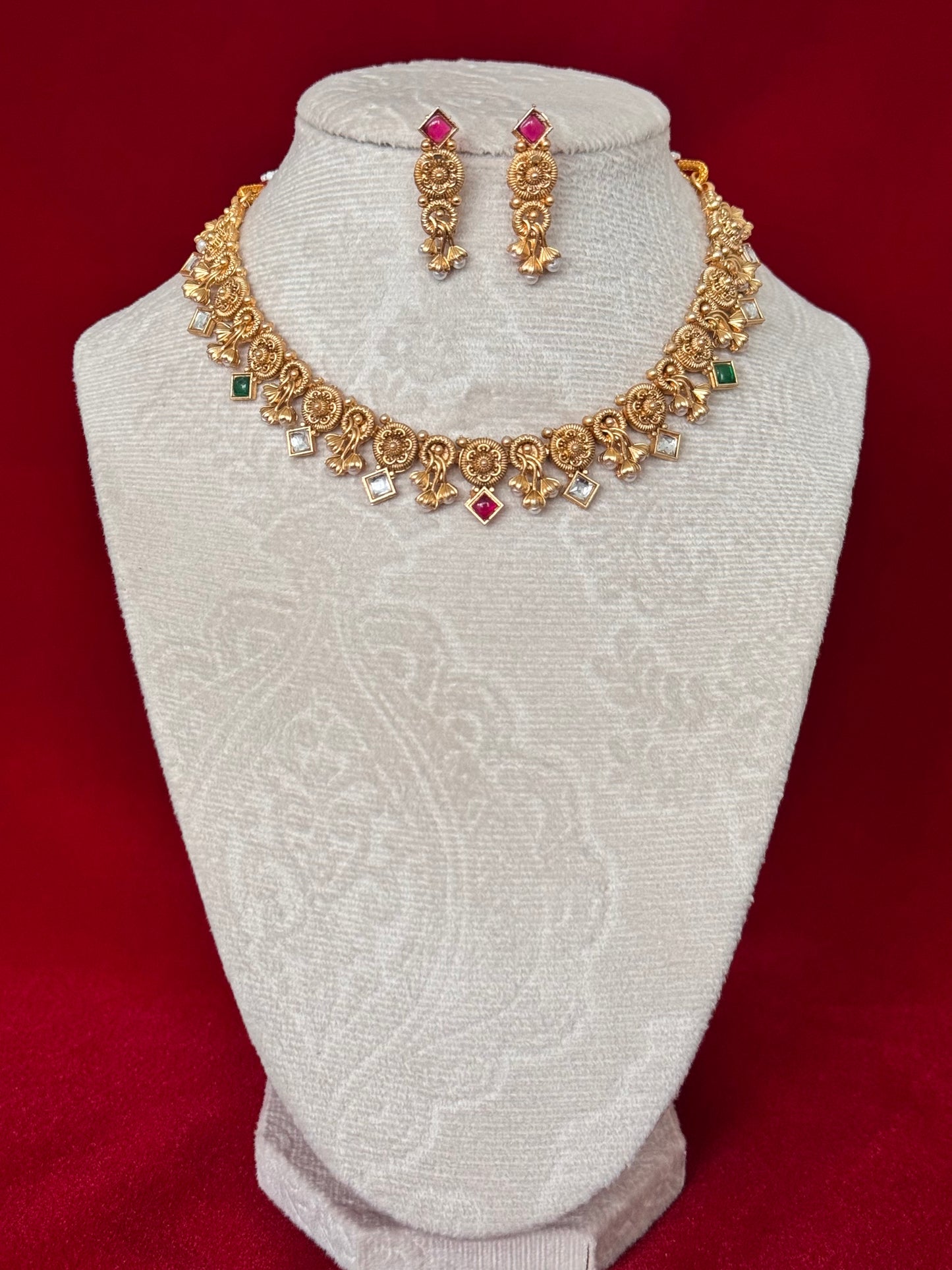 Majak Necklace Set | Traditional Temple Jewelry Set with Earrings | Antique Gold Finish Necklace | Ruby Green Stone Indian Jewelry | Bridal