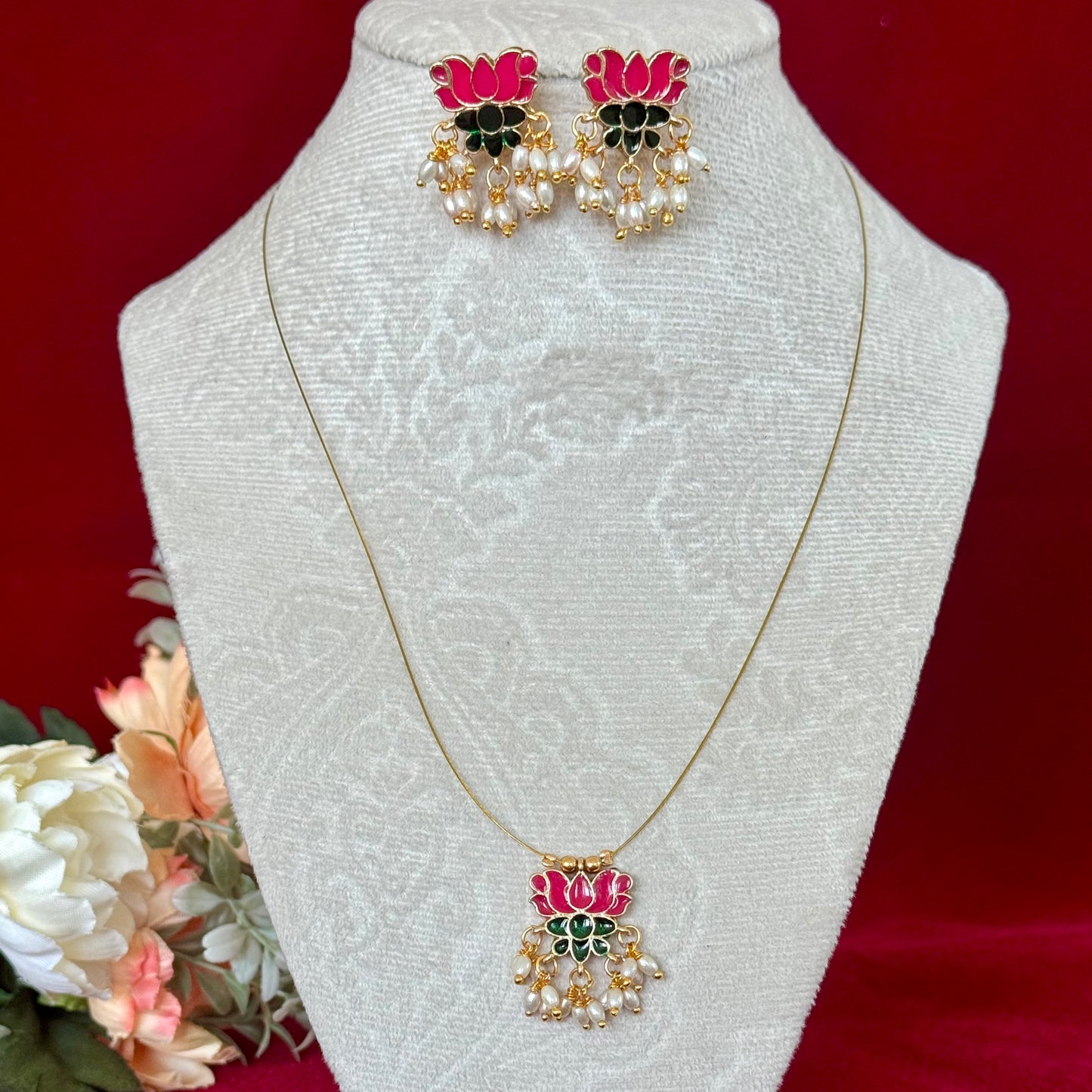 Pink Lotus Pendant Invisible Chain Necklace Set with Earrings, Lightweight Temple Jewelry, Pearl Drop Floral Necklace, Minimal Indian Jewelry