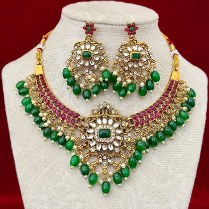 Kemp Stone Choker Necklace Set, Ruby Green Temple Jewelry, Emerald Beads Necklace with Earrings, Indian Bridal Jewelry, Ships from USA