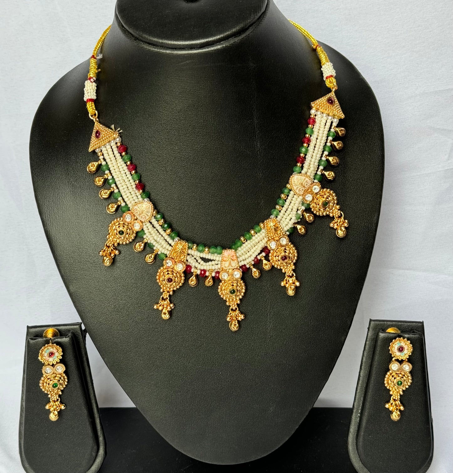 Handcrafted Pearl Beads Necklace Set | Green & Maroon Accents | Antique Gold Droplet Design | Festive Ethnic Jewelry with Matching Earrings