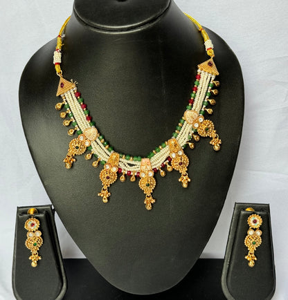 Handcrafted Pearl Beads Necklace Set | Green & Maroon Accents | Antique Gold Droplet Design | Festive Ethnic Jewelry with Matching Earrings