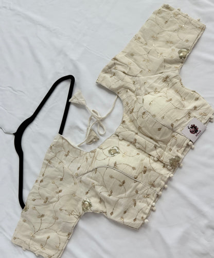 Ivory Khadi Cotton Sequin Blouse, Gold Embroidery Saree Blouse, Front Open Readymade Blouse, Short Sleeve Indian Blouse, Wedding Blouse