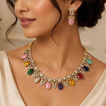 Multicolor Victorian Necklace Set for Women, Pastel Stone Statement Jewelry, Indian Wedding Necklace, CZ Party Wear Choker Set, Bridal Jewel