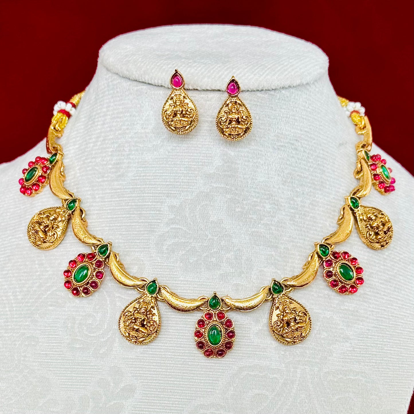 Antique Gold Lakshmi Necklace Set with Red & Green Stones, Temple Jewelry Set, South Indian Bridal Necklace, Traditional Indian Wedding Jewe