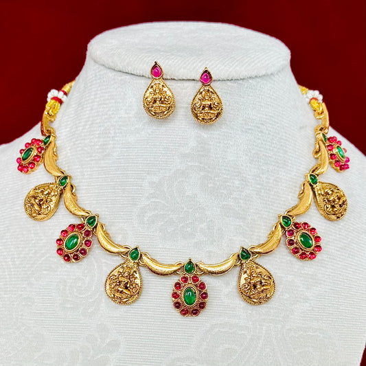 Antique Gold Lakshmi Necklace Set with Red & Green Stones, Temple Jewelry Set, South Indian Bridal Necklace, Traditional Indian Wedding Jewe