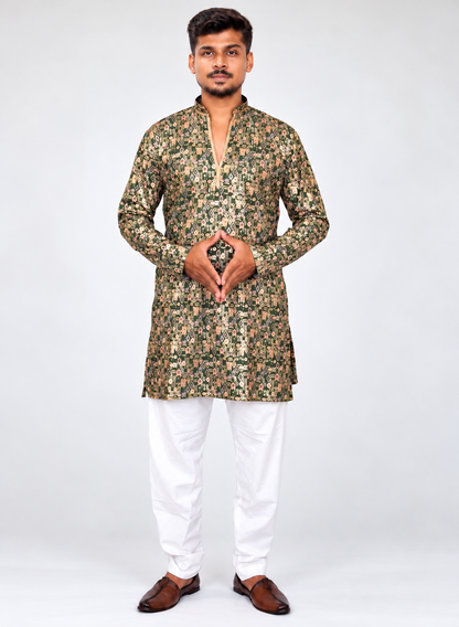Men’s Green Printed Kurta Pajama Set, Armani Fabric Kurta with Golden Shine, Indian Ethnic Wear, Festive Diwali Wedding Outfit for Men