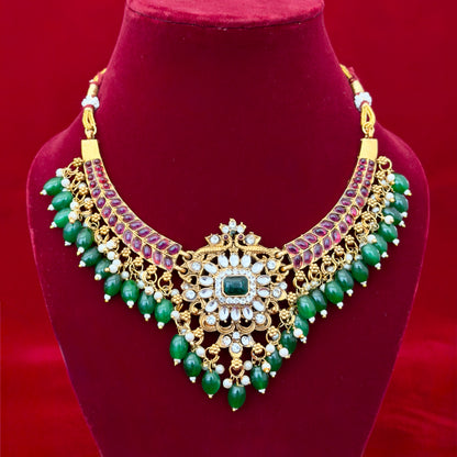 Kemp Stone Choker Necklace Set, Ruby Green Temple Jewelry, Emerald Beads Necklace with Earrings, Indian Bridal Jewelry, Ships from USA
