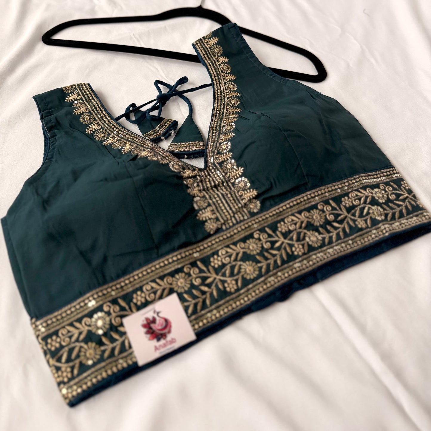 Teal Saree Blouse, Gold Zari Embroidered Blouse, Ready to Wear Indian Blouse, Sleeveless Designer Blouse, Wedding Festive Blouse, lehenga to