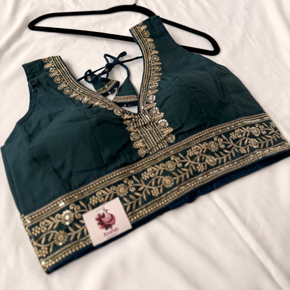 Teal Saree Blouse, Gold Zari Embroidered Blouse, Ready to Wear Indian Blouse, Sleeveless Designer Blouse, Wedding Festive Blouse, lehenga to