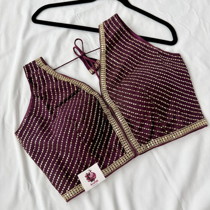 Wine Purple Saree Blouse, V Neck Zari Embroidered Blouse, Sleeveless Ready to Wear Indian Blouse, Wedding Festive Blouse, Crop top, lehenga