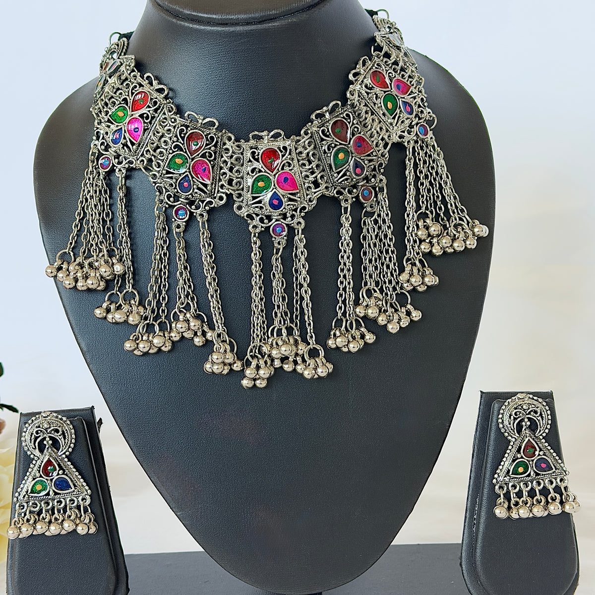 Oxidized Silver Multicolor Necklace Set, Ghungroo Statement Jewelry, Indian Boho Necklace Earrings, Navratri Garba Jewelry, Tribal Jewelry S