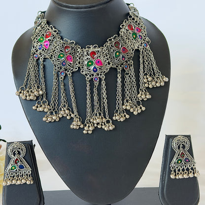 Oxidized Silver Multicolor Necklace Set, Ghungroo Statement Jewelry, Indian Boho Necklace Earrings, Navratri Garba Jewelry, Tribal Jewelry S