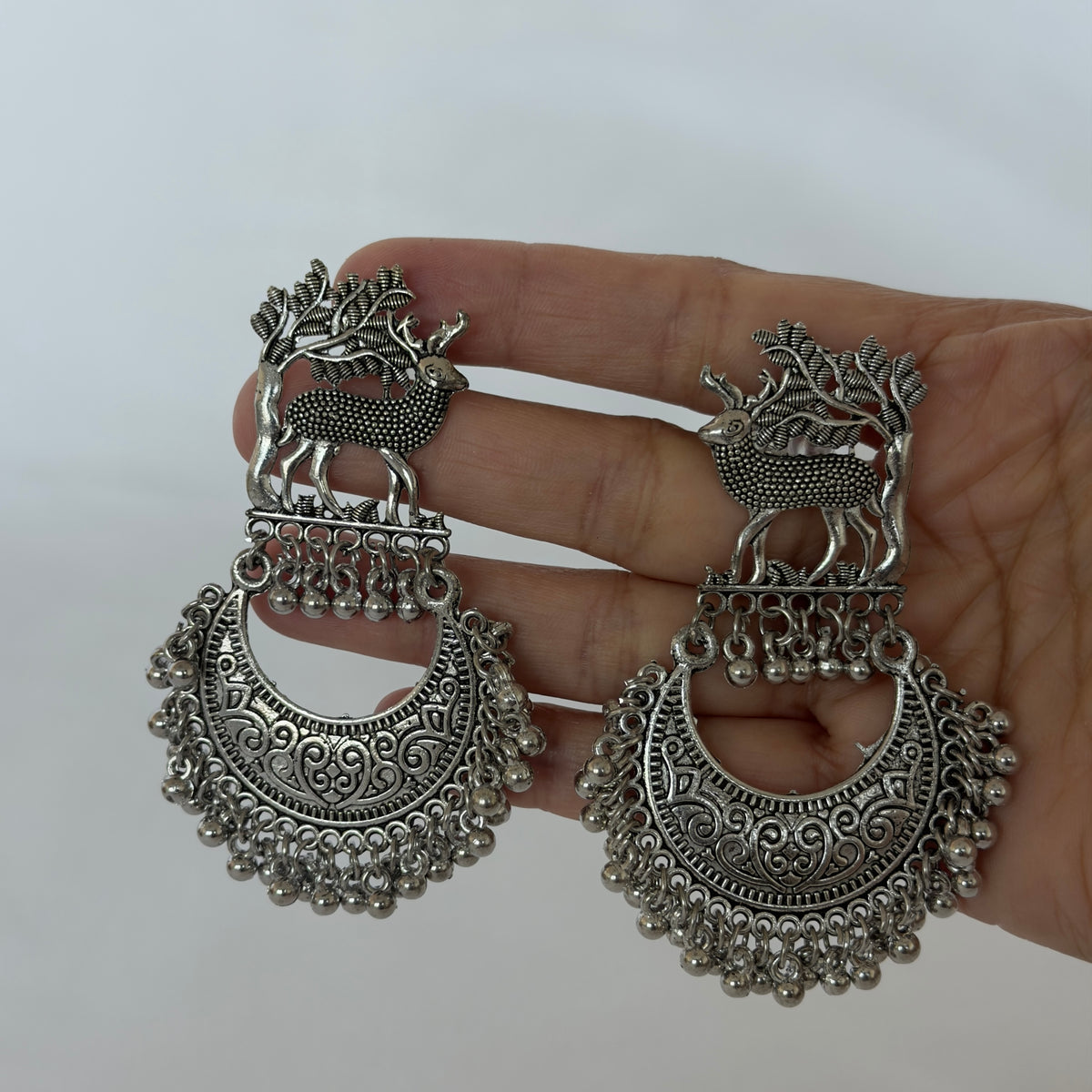 Oxidized Silver Deer Chandbali Earrings, Statement Indian Jhumka Earrings, Tribal Boho Jewelry, Ghungroo Dangle Earrings, Ethnic Wedding Jewelry