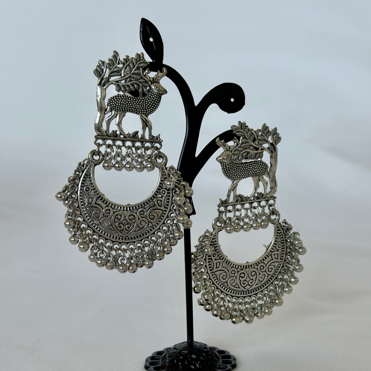 Oxidized Silver Deer Chandbali Earrings, Statement Indian Jhumka Earrings, Tribal Boho Jewelry, Ghungroo Dangle Earrings, Ethnic Wedding Jewelry