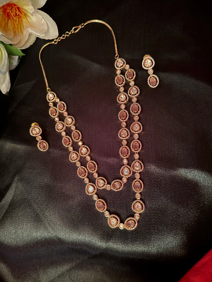 Mauve Stone Layered Necklace Set | Elegant Champagne Gold CZ Jewelry | Long Double Strand Necklace with Earrings | Indian Wedding Jewelry Set