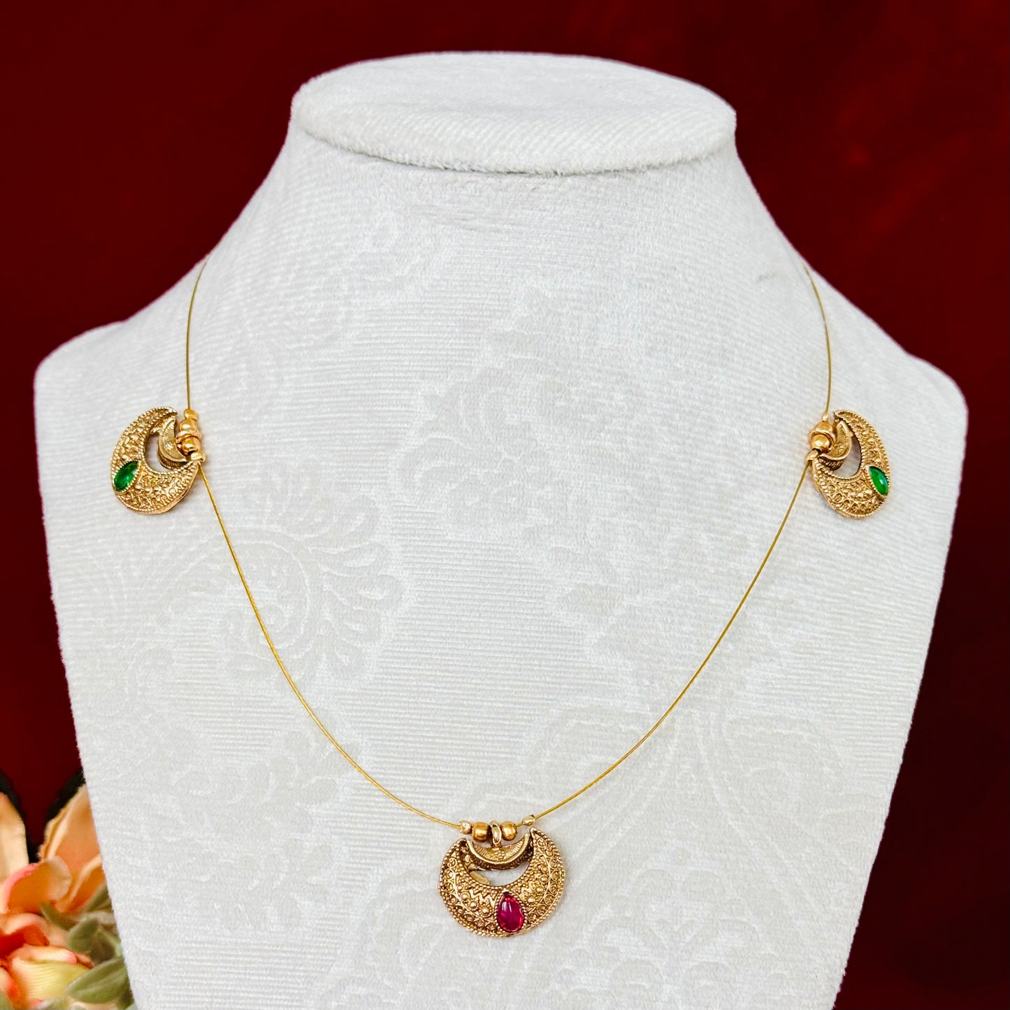 Chandrakor Necklace Set with Earrings, Traditional Maharashtrian Moon Pendant Jewelry, Antique Gold Finish with Ruby Stone, Festive Wedding