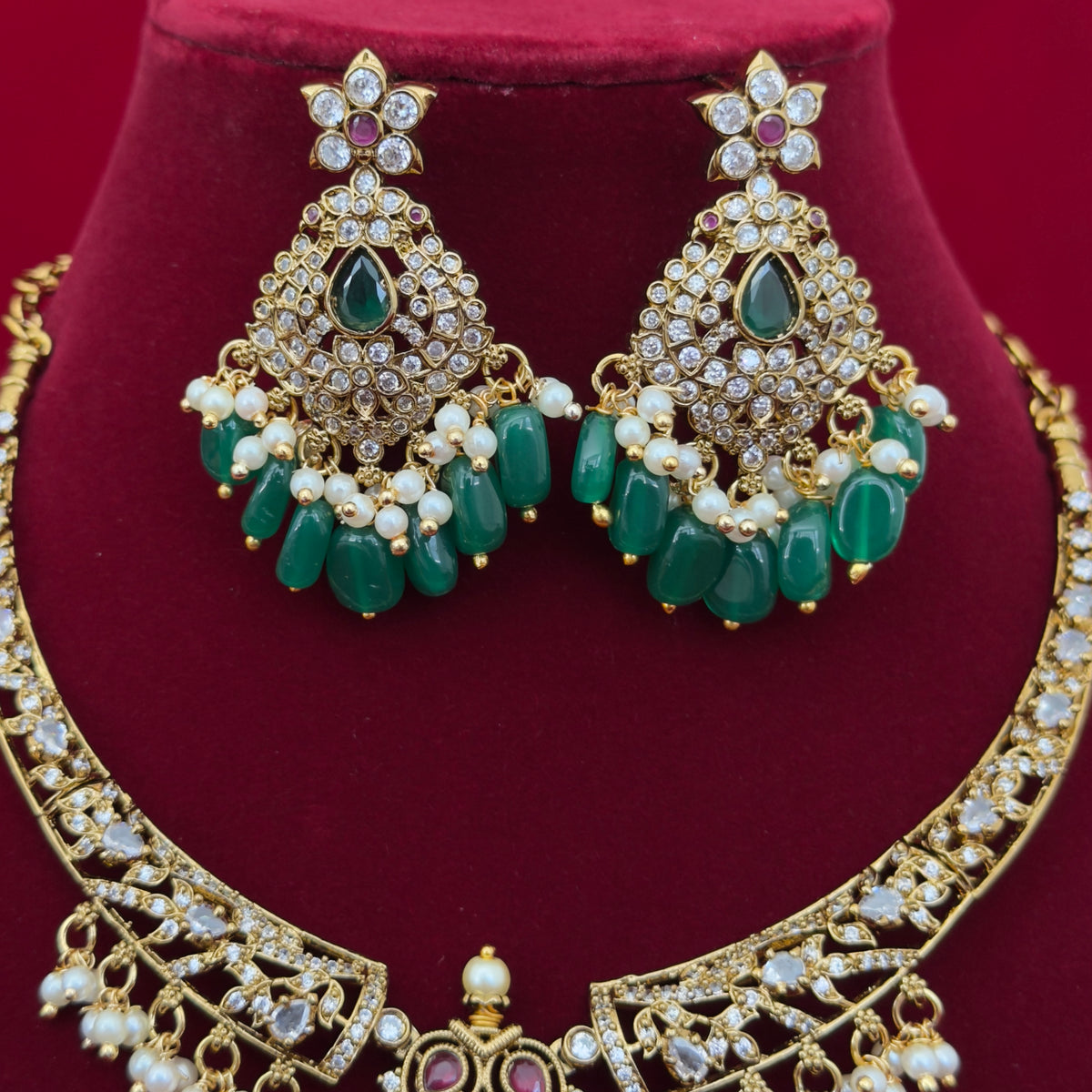 Victorian Mehendi Polish Necklace Set with Green Beads, Kundan Stones & Pearl Drops, Indian Bridal Wedding Jewelry, Ships from USA