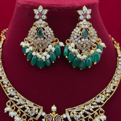 Victorian Mehendi Polish Necklace Set with Green Beads, Kundan Stones & Pearl Drops, Indian Bridal Wedding Jewelry, Ships from USA