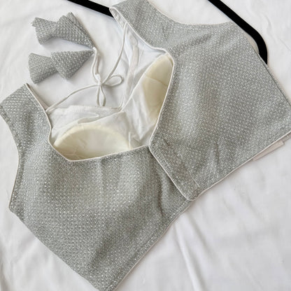 Silver Zari Sleeveless Saree Blouse, Shimmer Ready to Wear Indian Blouse, V Neck Padded Blouse, Party Wedding Blouse,lehenga top, Crop top