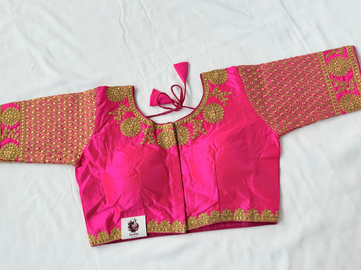 Rani Pink Jacquard Saree Blouse with Gold Embroidery, Designer Indian Blouse, Readymade Silk Blouse, Wedding Festive Blouse, Lehenga blouse