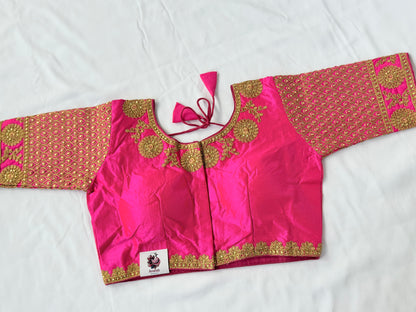 Rani Pink Jacquard Saree Blouse with Gold Embroidery, Designer Indian Blouse, Readymade Silk Blouse, Wedding Festive Blouse, Lehenga blouse