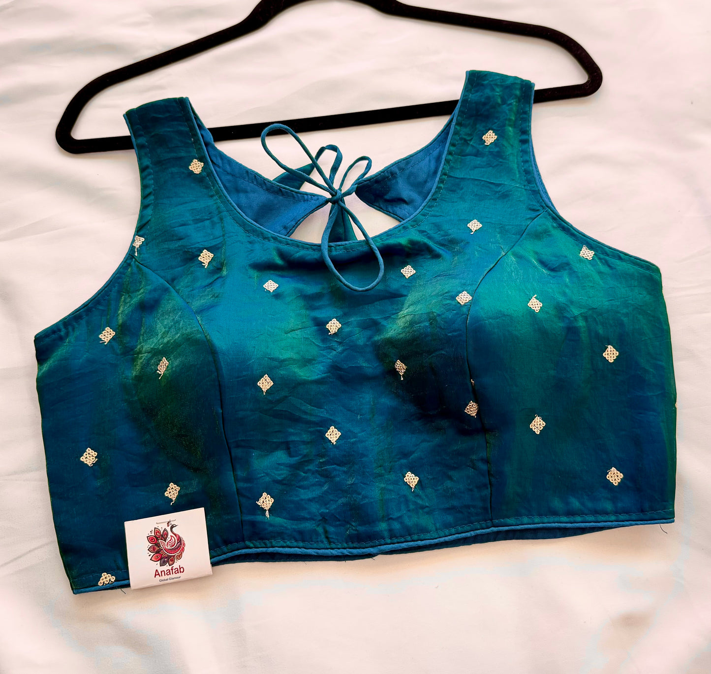 Peacock Green Fandy Silk Blouse | Dual Tone Shiny Sequins Butti Readymade Padded Blouse