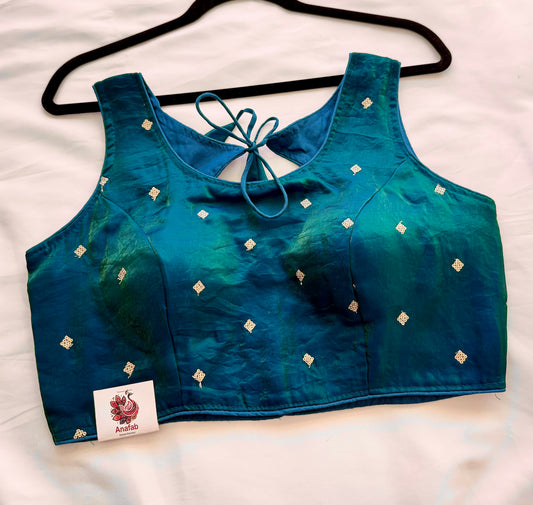 Peacock Green Fandy Silk Blouse | Dual Tone Shiny Sequins Butti Readymade Padded Blouse