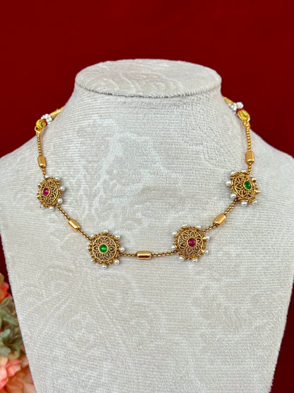 Antique Gold Floral Necklace Set, Ruby Emerald Stone Short Necklace, Traditional Temple Jewelry, Pearl Accent Indian Necklace, Bridal Festiv
